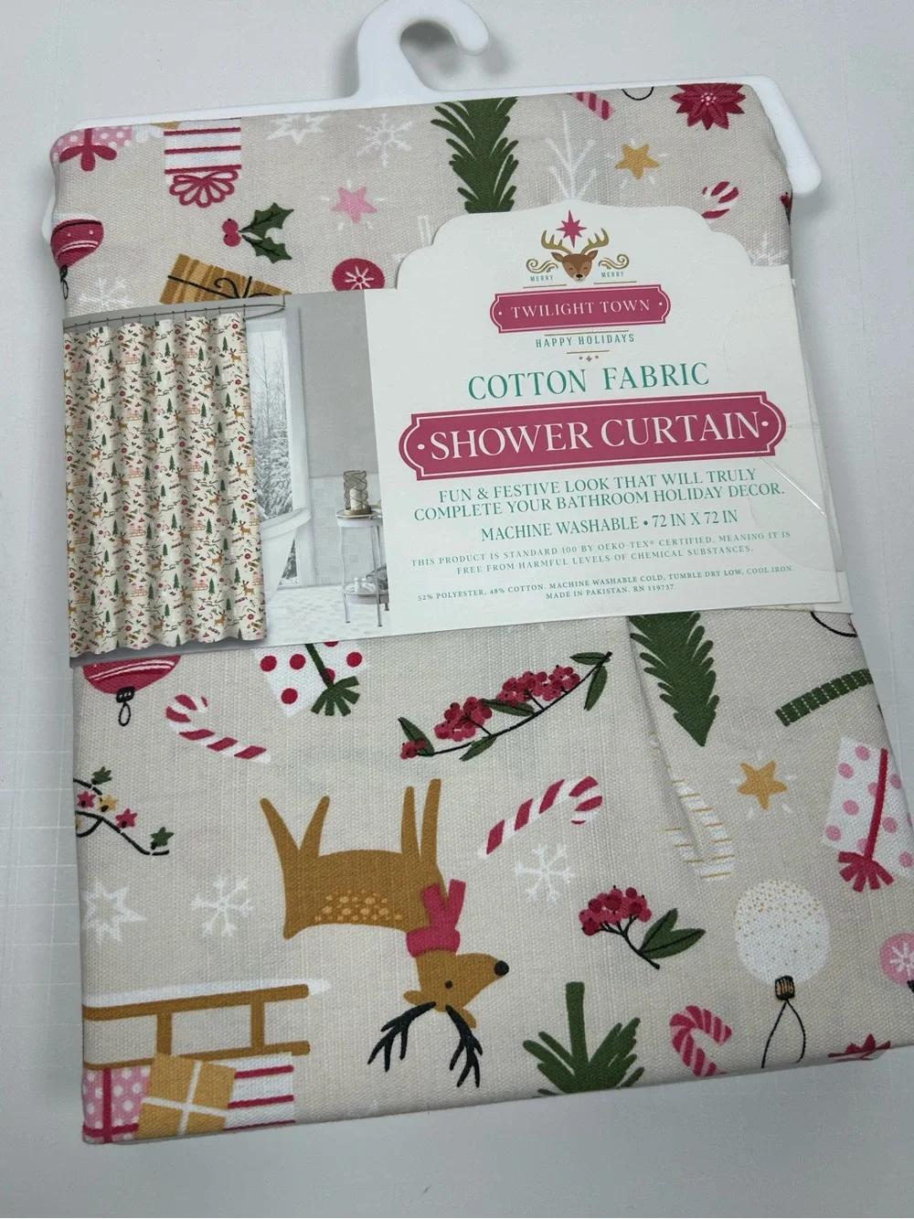 Twilight Town Christmas Reindeer Pink Peppermint Shower Curtain 72x72 NWT